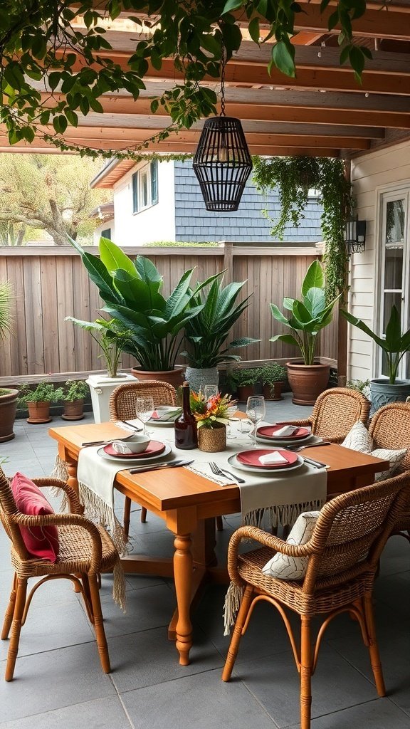 A cozy outdoor dining area featuring a wooden table with elegant tableware, surrounded by wicker chairs and lush green plants.
