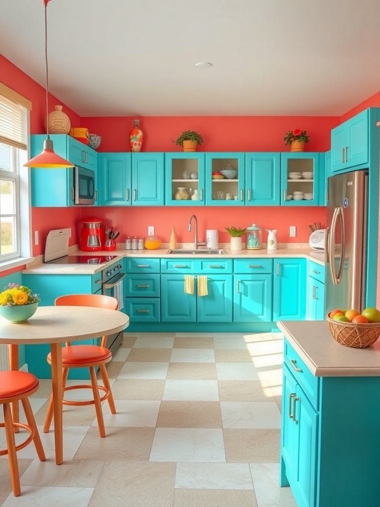 A bright kitchen featuring turquoise cabinets and coral walls, with a round table and orange chairs.
