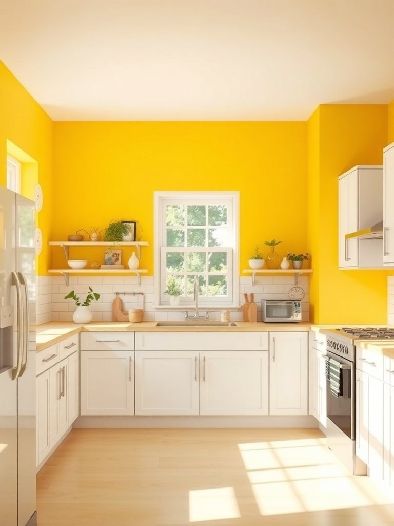 A bright kitchen with sunshine yellow walls, white cabinets, and natural wood accents.