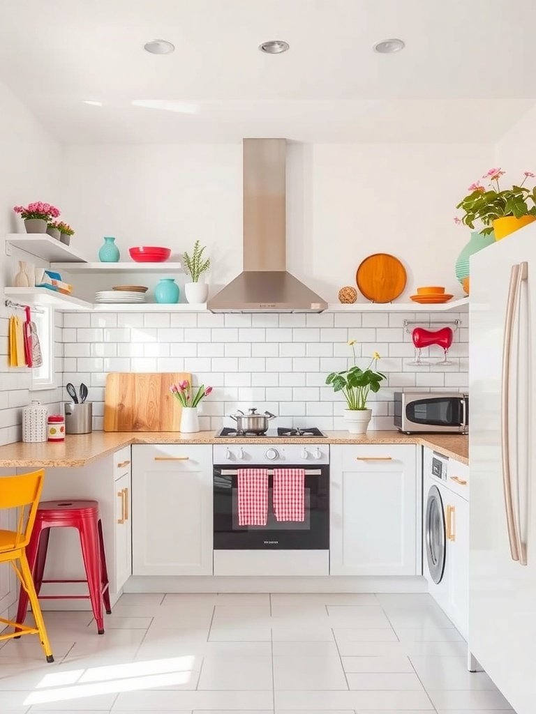 A bright white kitchen with colorful accessories, featuring red and yellow chairs, turquoise and orange decor, and plants.
