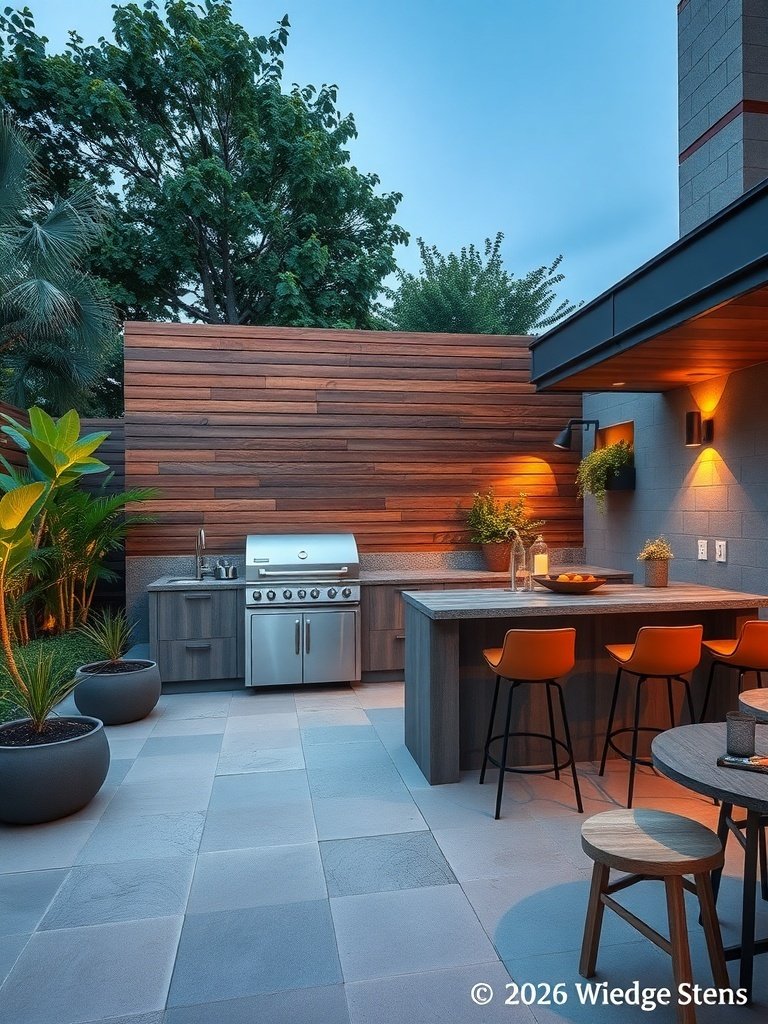 Stylish outdoor kitchen with bar seating, featuring a grill and wooden accents.