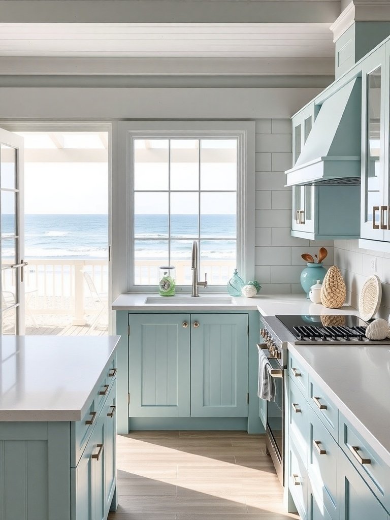 A coastal beach-inspired kitchen with blue cabinetry and ocean views