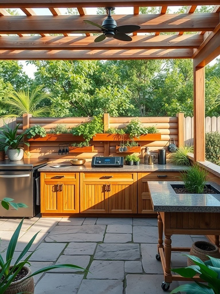 Eco-friendly outdoor kitchen with wooden cabinets, stone countertops, and plants