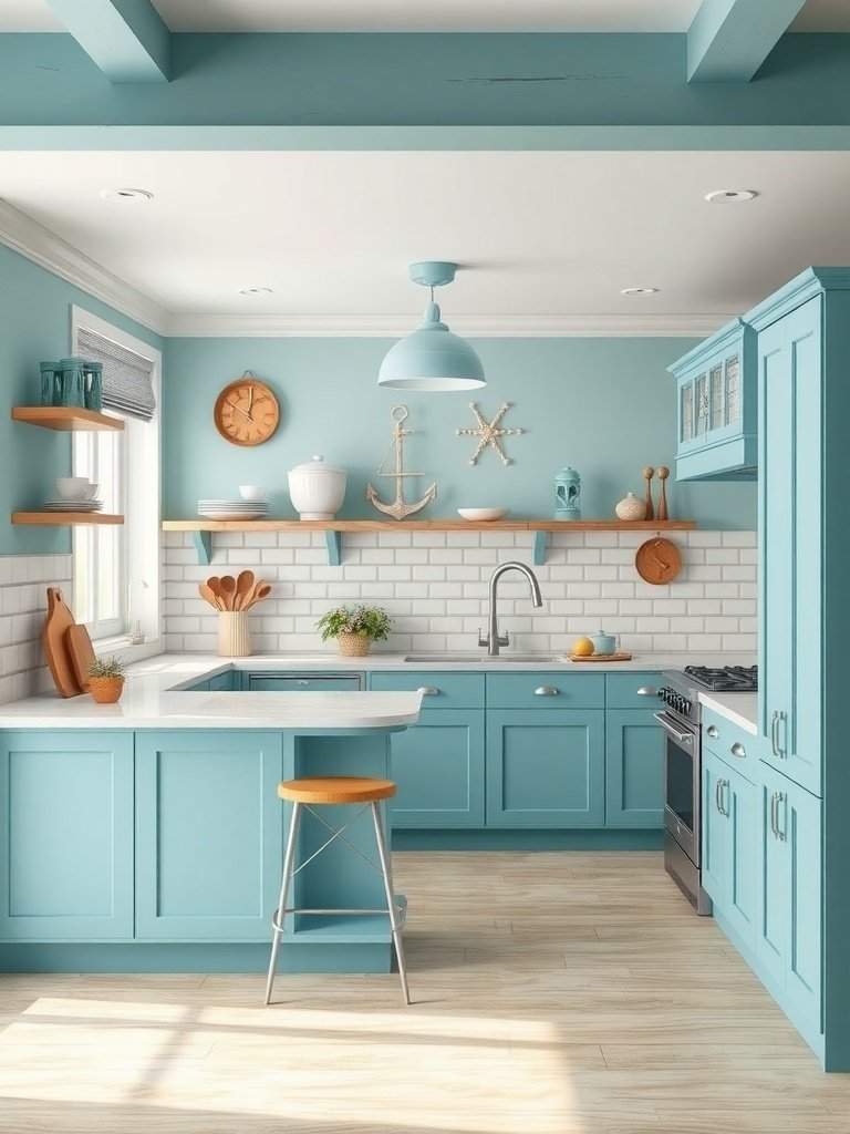 A kitchen with ocean-inspired blue cabinets, white tiles, and nautical decor.